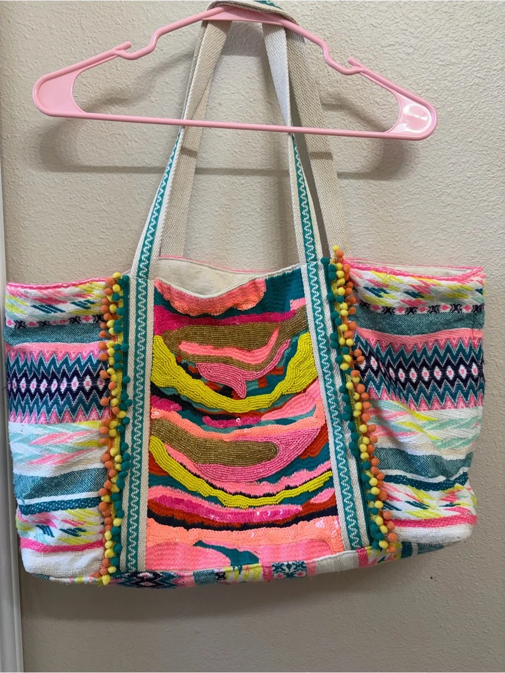 Colorful Boho Pom-Pom Beach Tote - Multicolor
